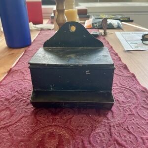 Antique Tin Wall Mount Match Safe Holder Box Self Closing Hinged Lid Primitive